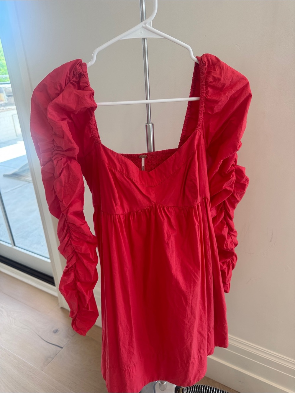 Free People Red Ruched-Sleeve Mini Dress